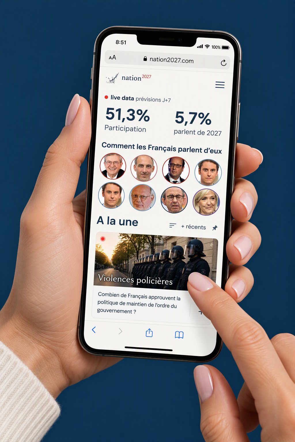 L'accueil de l'application Nation2027 sur un téléphone, avec le sujet Violences policières à la une