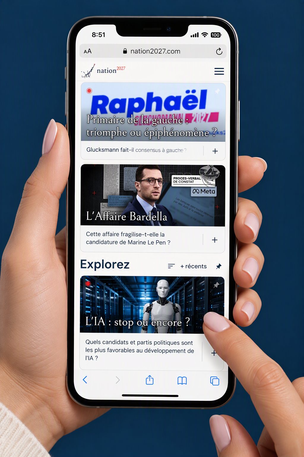 La rubrique Explorez de l'application Nation2027 sur un téléphone