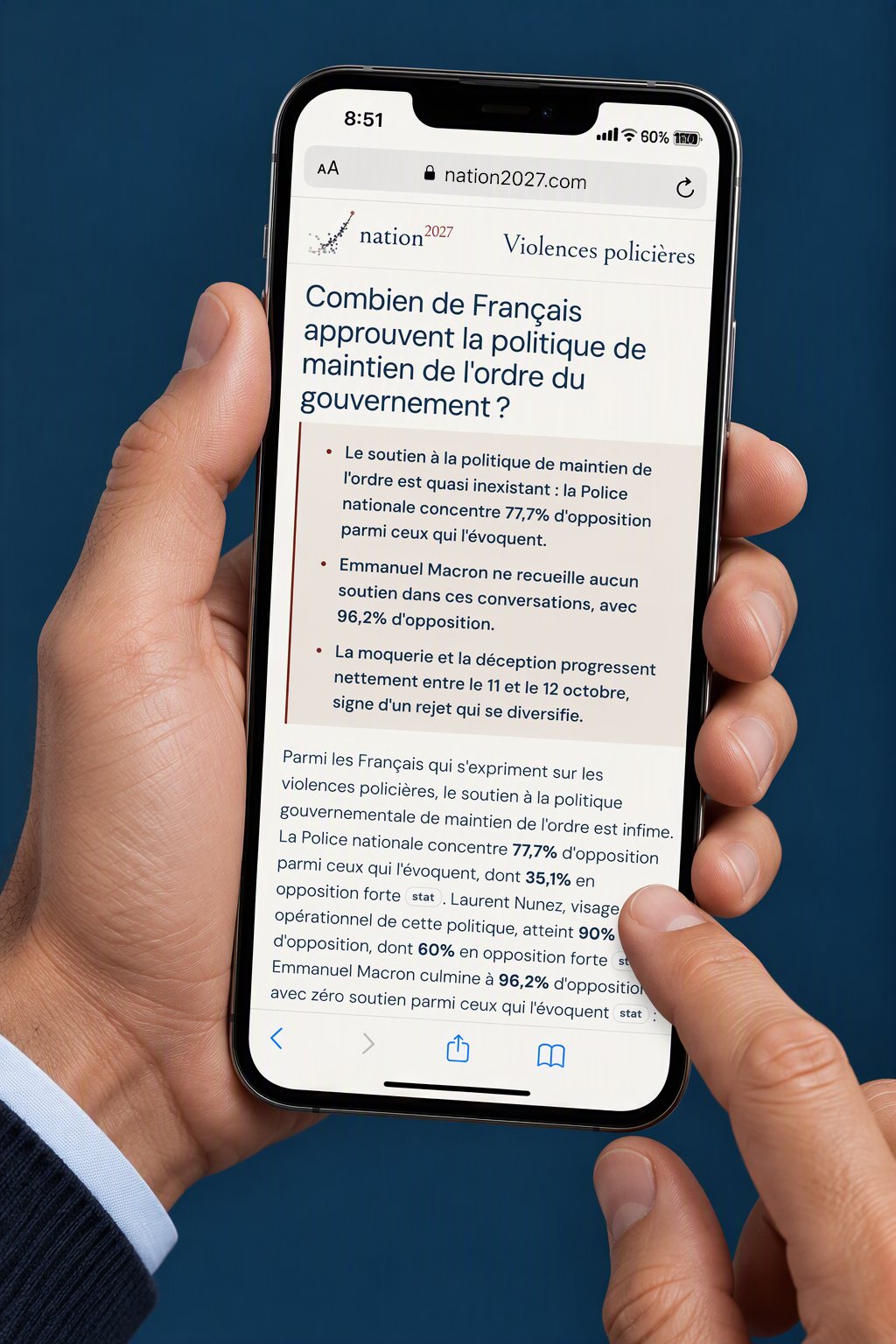 Une enquête Nation2027 sur le sujet Violences policières, lue sur un téléphone